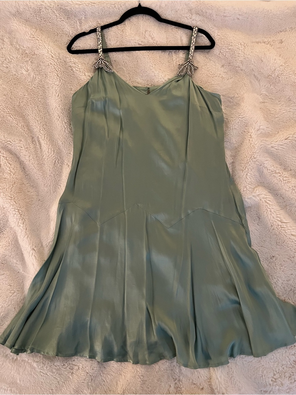 Anthropologie Sage Green Satin Mini with Crystal-Strap Detail